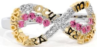 Pink Tourmaline White Yellow Gold Celtic Infinity Irish "My eternal love" Ring