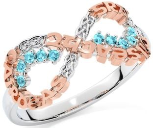 Aquamarine Rose Gold Silver Celtic Infinity Irish "Love, Loyalty, & Friendship" Ring
