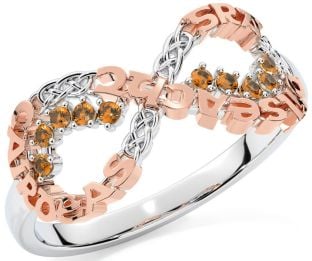 Citrine Rose Gold Silver Celtic Infinity Irish "Love, Loyalty, & Friendship" Ring