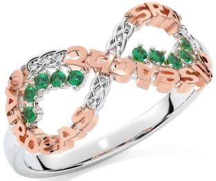 Emerald Rose Gold Silver Celtic Infinity Irish "Love, Loyalty, & Friendship" Ring