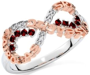 Garnet Rose Gold Silver Celtic Infinity Irish "Love, Loyalty, & Friendship" Ring