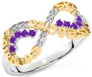 Amethyst Gold Silver Celtic Infinity Irish "Love, Loyalty, & Friendship" Ring