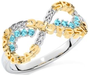 Aquamarine Gold Silver Celtic Infinity Irish "Love, Loyalty, & Friendship" Ring
