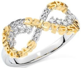 Diamond Gold Silver Celtic Infinity Irish "Love, Loyalty, & Friendship" Ring