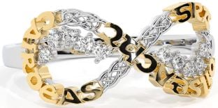 Diamond Gold Silver Celtic Infinity Irish "Love, Loyalty, & Friendship" Ring
