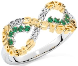 Emerald Gold Silver Celtic Infinity Irish "Love, Loyalty, & Friendship" Ring