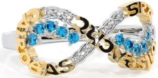 Topaz Gold Silver Celtic Infinity Irish "Love, Loyalty, & Friendship" Ring