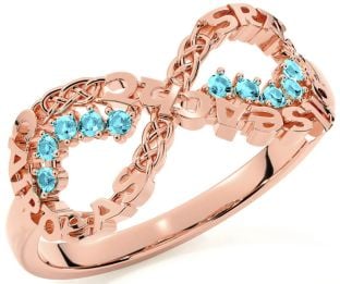 Aquamarine Rose Gold Silver Celtic Infinity Irish "Love, Loyalty, & Friendship" Ring