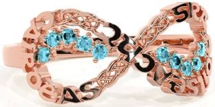 Aquamarine Rose Gold Silver Celtic Infinity Irish "Love, Loyalty, & Friendship" Ring