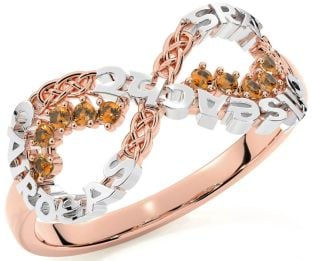 Citrine Rose Gold Silver Celtic Infinity Irish "Love, Loyalty, & Friendship" Ring