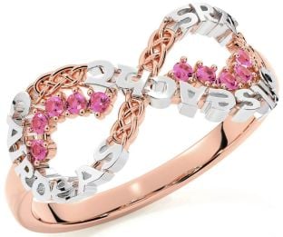 Pink Tourmaline Rose Gold Silver Celtic Infinity Irish "Love, Loyalty, & Friendship" Ring