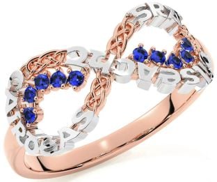 Sapphire Rose Gold Silver Celtic Infinity Irish "Love, Loyalty, & Friendship" Ring