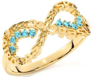 Aquamarine Gold Silver Celtic Infinity Irish "Love, Loyalty, & Friendship" Ring