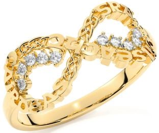 Diamond Gold Silver Celtic Infinity Irish "Love, Loyalty, & Friendship" Ring