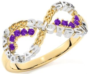 Amethyst Gold Silver Celtic Infinity Irish "Love, Loyalty, & Friendship" Ring