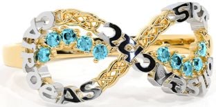 Aquamarine Gold Silver Celtic Infinity Irish "Love, Loyalty, & Friendship" Ring