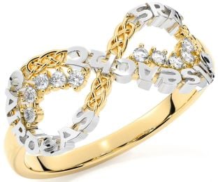 Diamond Gold Silver Celtic Infinity Irish "Love, Loyalty, & Friendship" Ring