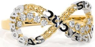 Diamond Gold Silver Celtic Infinity Irish "Love, Loyalty, & Friendship" Ring