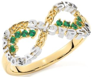 Emerald Gold Silver Celtic Infinity Irish "Love, Loyalty, & Friendship" Ring