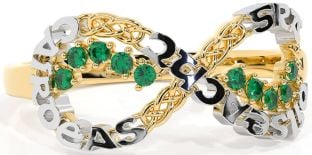 Emerald Gold Silver Celtic Infinity Irish "Love, Loyalty, & Friendship" Ring