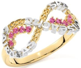 Pink Tourmaline Gold Silver Celtic Infinity Irish "Love, Loyalty, & Friendship" Ring