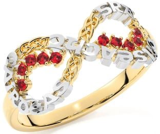 Ruby Gold Silver Celtic Infinity Irish "Love, Loyalty, & Friendship" Ring