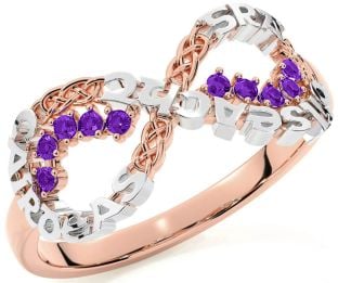 Amethyst White Rose Gold Celtic Infinity Irish "Love, Loyalty, & Friendship" Ring