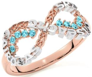 Aquamarine White Rose Gold Celtic Infinity Irish "Love, Loyalty, & Friendship" Ring