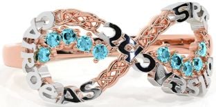 Aquamarine White Rose Gold Celtic Infinity Irish "Love, Loyalty, & Friendship" Ring