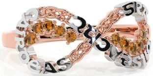 Citrine White Rose Gold Celtic Infinity Irish "Love, Loyalty, & Friendship" Ring