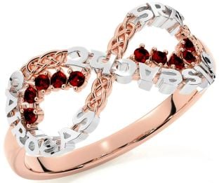 Garnet White Rose Gold Celtic Infinity Irish "Love, Loyalty, & Friendship" Ring