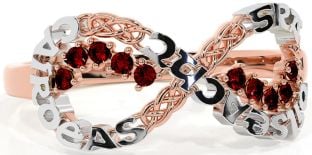 Garnet White Rose Gold Celtic Infinity Irish "Love, Loyalty, & Friendship" Ring