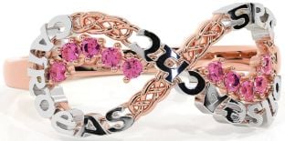Pink Tourmaline White Rose Gold Celtic Infinity Irish "Love, Loyalty, & Friendship" Ring
