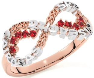 Ruby White Rose Gold Celtic Infinity Irish "Love, Loyalty, & Friendship" Ring