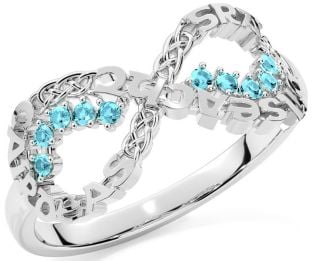 Aquamarine Silver Celtic Infinity Irish "Love, Loyalty, & Friendship" Ring