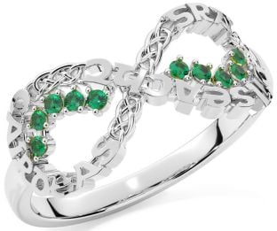 Emerald Silver Celtic Infinity Irish "Love, Loyalty, & Friendship" Ring