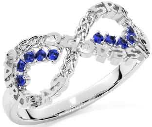Sapphire White Gold Celtic Infinity Irish "Love, Loyalty, & Friendship" Ring