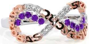 Amethyst White Rose Gold Celtic Infinity Irish "Love, Loyalty, & Friendship" Ring