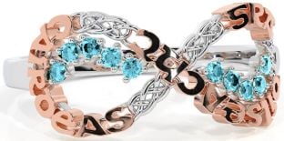 Aquamarine White Rose Gold Celtic Infinity Irish "Love, Loyalty, & Friendship" Ring