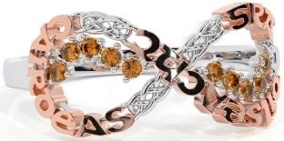 Citrine White Rose Gold Celtic Infinity Irish "Love, Loyalty, & Friendship" Ring