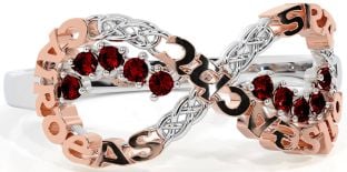 Garnet White Rose Gold Celtic Infinity Irish "Love, Loyalty, & Friendship" Ring