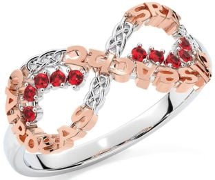 Ruby White Rose Gold Celtic Infinity Irish "Love, Loyalty, & Friendship" Ring