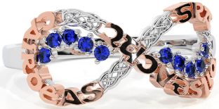 Sapphire White Rose Gold Celtic Infinity Irish "Love, Loyalty, & Friendship" Ring