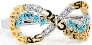 Aquamarine White Yellow Gold Celtic Infinity Irish "Love, Loyalty, & Friendship" Ring