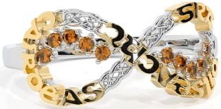 Citrine White Yellow Gold Celtic Infinity Irish "Love, Loyalty, & Friendship" Ring