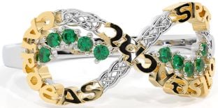 Emerald White Yellow Gold Celtic Infinity Irish "Love, Loyalty, & Friendship" Ring