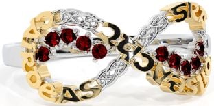 Garnet White Yellow Gold Celtic Infinity Irish "Love, Loyalty, & Friendship" Ring