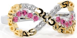 Pink Tourmaline White Yellow Gold Celtic Infinity Irish "Love, Loyalty, & Friendship" Ring