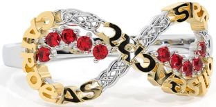 Ruby White Yellow Gold Celtic Infinity Irish "Love, Loyalty, & Friendship" Ring