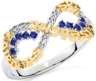 Sapphire White Yellow Gold Celtic Infinity Irish "Love, Loyalty, & Friendship" Ring